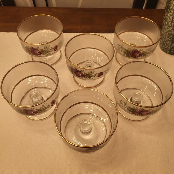 60s Italian Frosted Hand Painted Sherbet Glasses w/ Gold Trim - Set of 6 - Picture 4 of 4